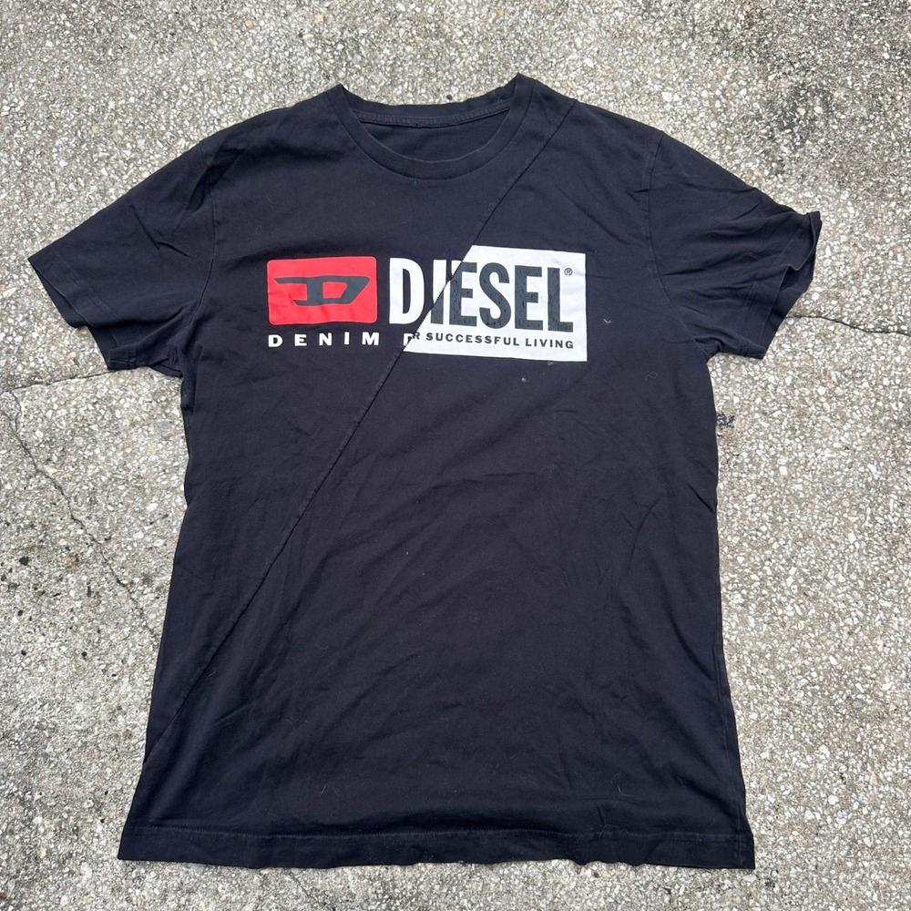 Diesel Mens Reconstructed Logo Graphic T-Shirt Black Short Sleeve Crew Neck